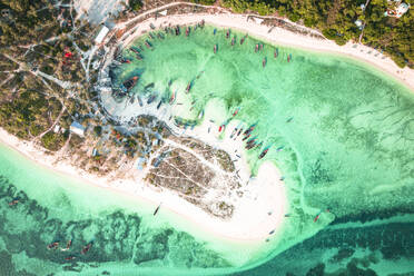 Overhead view of dhow traditional boats moored in a sandy bay overlooking the idyllic Indian Ocean, Kendwa, Zanzibar, Tanzania, East Africa, Africa - RHPLF24202