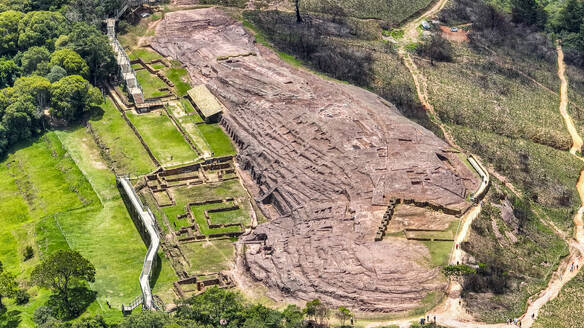 Aerial of El Fuerte de Samaipata, Pre-Columbian archaeological site, UNESCO World Heritage Site, Santa Cruz department, Bolivia, South America - RHPLF24239