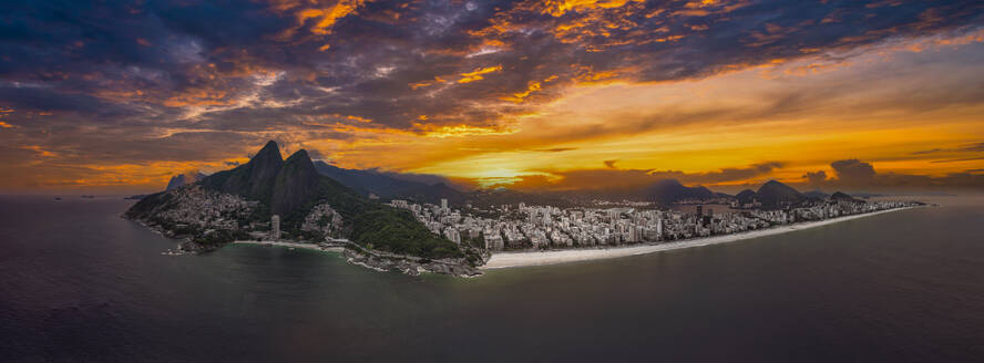 Aerial of Leblon beach, with Two Brothers Peak, Rio de Janeiro, Brazil, South America - RHPLF24249