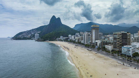 Aerial of Leblon beach, with Two Brothers Peak, Rio de Janeiro, Brazil, South America - RHPLF24255