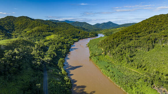 Aerial of the Iguape River, Atlantic Forest South-East Reserves, UNESCO World Heritage Site, Alto Ribeira Touristic State Park, Sao Paulo State, Brazil, South America - RHPLF24264