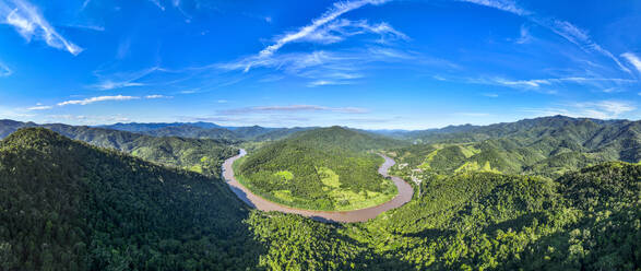 Aerial of the Iguape River, Atlantic Forest South-East Reserves, UNESCO World Heritage Site, Alto Ribeira Touristic State Park, Sao Paulo State, Brazil, South America - RHPLF24266