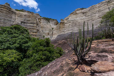 Sandstone cliffs at Pedra Furada, Serra da Capivara National Park, UNESCO World Heritage Site, Piaui, Brazil, South America - RHPLF24276