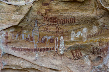 Rock art painting at Pedra Furada, Serra da Capivara National Park, UNESCO World Heritage Site, Piaui, Brazil, South America - RHPLF24277