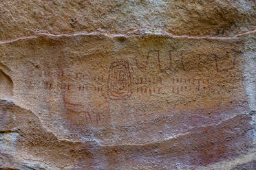 Rock art painting at Pedra Furada, Serra da Capivara National Park, UNESCO World Heritage Site, Piaui, Brazil, South America - RHPLF24281