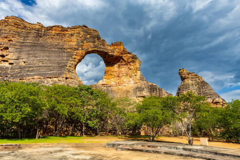 Stone arch at Pedra Furada, Serra da Capivara National Park, UNESCO World Heritage Site, Piaui, Brazil, South America - RHPLF24282