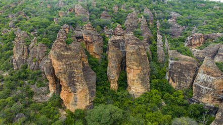 Aerial of the Sandstone cliffs in the Serra da Capivara National Park, UNESCO World Heritage Site, Piaui, Brazil, South America - RHPLF24285