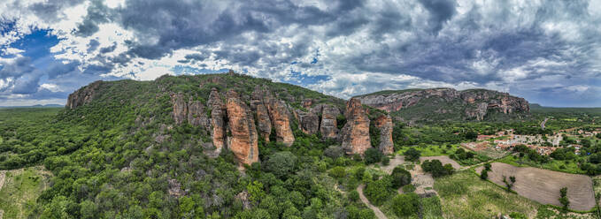 Aerial of the Sandstone cliffs in the Serra da Capivara National Park, UNESCO World Heritage Site, Piaui, Brazil, South America - RHPLF24286