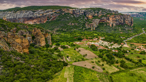 Aerial of the Sandstone cliffs in the Serra da Capivara National Park, UNESCO World Heritage Site, Piaui, Brazil, South America - RHPLF24287