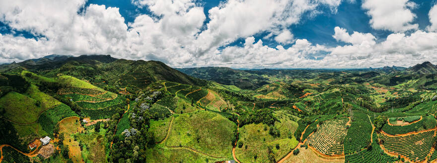 High perspective aerial view of hilly countryside of Minas Gerais, famous for its coffee production, Brazil, South America - RHPLF24333