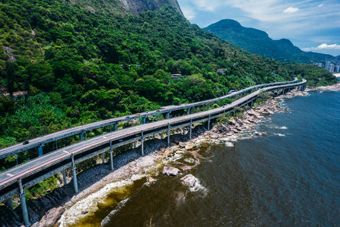 Aerial panoramic view of Elevado do Joa, a complex of tunnels, bridges and viaducts that connects the south and west zones of the city of Rio de Janeiro on the Atlantic coast, Rio de Janeiro, Brazil, South America - RHPLF24334