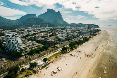 Aerial view of Pepe Beach and Pedra da Gavea in Barra da Tijuca district, a western neighborhood in Rio de Janeiro, Brazil, South America - RHPLF24337