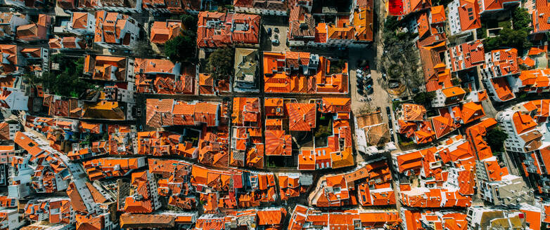 Top down birds eye panoramic view of historic centre of Cascais, 30km west of Lisbon on the Portuguese Riviera, Cascais, Portugal, Europe - RHPLF24342