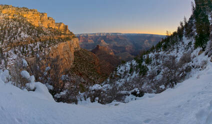 A winter dawn view of Grand Canyon from Bright Angel Trail on the South Rim, Grand Canyon National Park, UNESCO World Heritage Site, Arizona, United States of America, North America - RHPLF24349