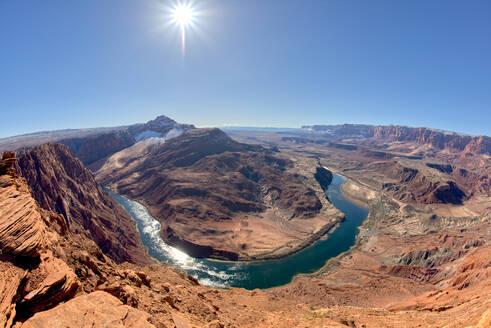 The bend in the Colorado River at Lee's Ferry in Glen Canyon Recreation Area viewed from the plateau at the end of Spencer Trail at Marble Canyon in winter, Arizona, United States of America, North America - RHPLF24357