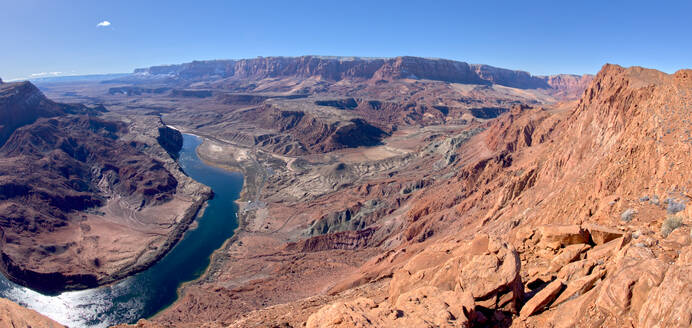 The Vermilion Cliffs adjacent to Glen Canyon Recreation Area viewed from the plateau at the end of Spencer Trail in Marble Canyon with Lee's Ferry on the lower left with the Colorado River, Arizona, United States of America, North America - RHPLF24362