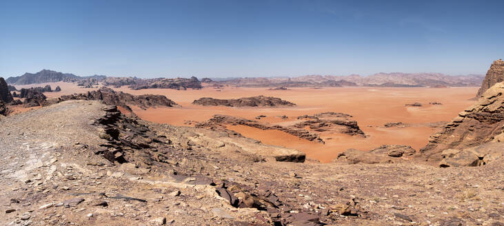 Panorama of a red sand plain in the Wadi Rum desert, Jordan, Middle East - RHPLF24378