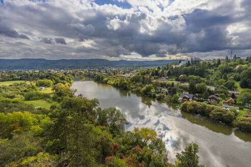 View of Berounka river and village Zadni Treban from Black Rock (Cerna Skala), Rovina, Hlasna Treban, Central Bohemia, Czech Republic (Czechia), Europe - RHPLF24393