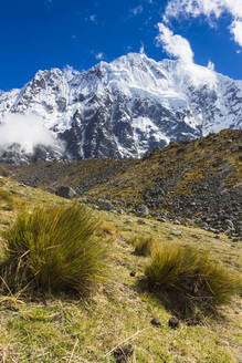 Snow-covered Peruvian mountains as seen from Salkantay trek, The Andes, Cusco, Peru, South America - RHPLF24402