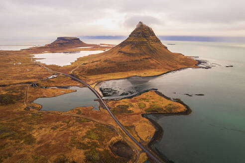 Aerial panoramic view of the Kirkjufell mountain at Snaefellsnes Peninsula, Vesturland region, West of Iceland, Iceland, Polar Regions - RHPLF24502