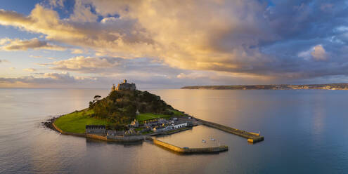 Aerial view of St. Michael's Mount at dawn, Marazion, Cornwall, England, United Kingdom, Europe - RHPLF24593