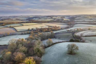 Rolling countryside at dawn on a frosty winter morning, Devon, England, United Kingdom, Europe - RHPLF24599