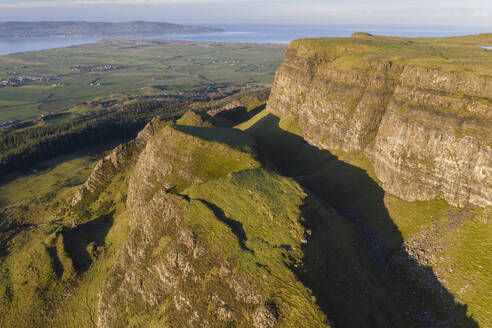 Aerial view of Binevenagh Mountain in County Antrim, Ulster, Northern Ireland, United Kingdom, Europe - RHPLF24606