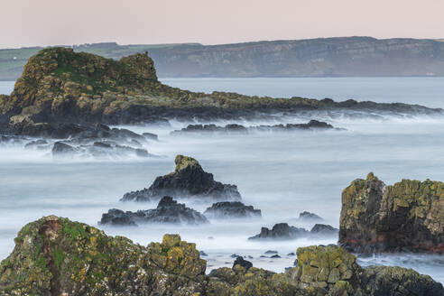 Rocky outcrops near Ballintoy Harbour on the Causeway Coast, County Antrim, Ulster, Northern Ireland, United Kingdom, Europe - RHPLF24625