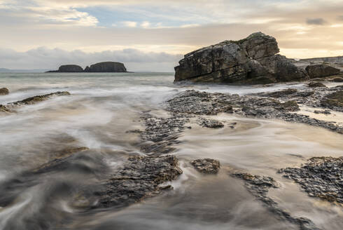 Sunrise at Ballintoy Harbour on the Causeway Coast, County Antrim, Ulster, Northern Ireland, United Kingdom, Europe - RHPLF24627