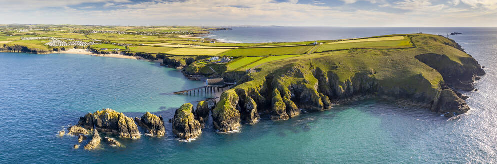 Aerial vista of Trevose Head, Padstow Lifeboat Station and Mother Iveys Bay, North Cornwall, England, United Kingdom, Europe - RHPLF24630