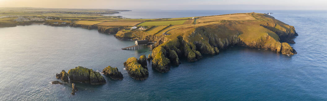 Aerial vista of Merope Rocks, Trevose Head and Padstow Lifeboat Station, North Cornwall, England, United Kingdom, Europe - RHPLF24640