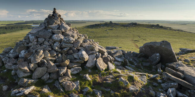 Stone cairn on Little Rough Tor, Bodmin Moor, Cornwall, England, United Kingdom, Europe - RHPLF24642