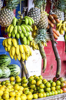 Exotic fruit hanging outdoors in a local shop, Zanzibar, Tanzania, East Africa, Africa - RHPLF24708