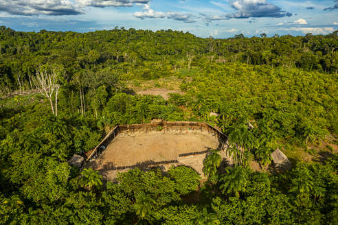 Aerial of a shabono (yanos), the traditional communal dwellings of the Yanomami tribes of Southern Venezuela, Venezuela, South America - RHPLF24729