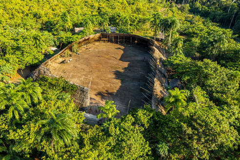 Aerial of a shabono (yanos), the traditional communal dwellings of the Yanomami tribes of Southern Venezuela, Venezuela, South America - RHPLF24730