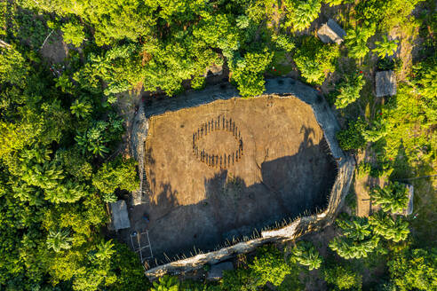 Aerial of a shabono (yanos), the traditional communal dwellings of the Yanomami tribes of Southern Venezuela, Venezuela, South America - RHPLF24732