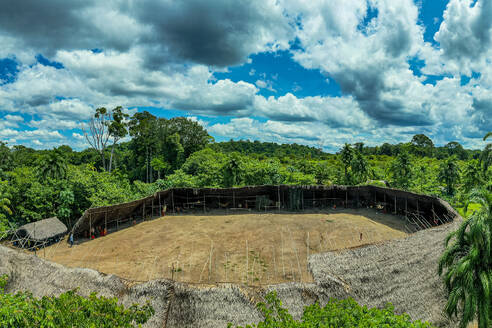 Aerial of a shabono (yanos), the traditional communal dwellings of the Yanomami tribes of Southern Venezuela, Venezuela, South America - RHPLF24736