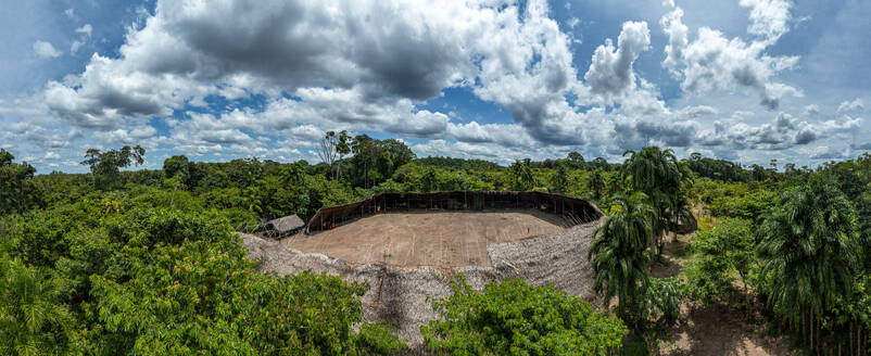 Aerial of a shabono (yanos), the traditional communal dwellings of the Yanomami tribes of Southern Venezuela, Venezuela, South America - RHPLF24737