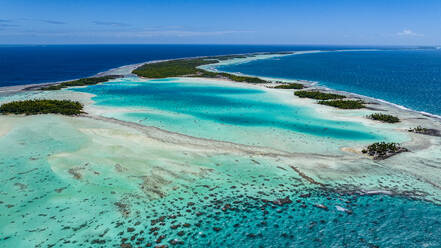 Aerial of the Blue Lagoon, Rangiroa atoll, Tuamotus, French Polynesia, South Pacific, Pacific - RHPLF24747