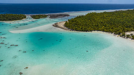 Aerial of the Blue Lagoon, Rangiroa atoll, Tuamotus, French Polynesia, South Pacific, Pacific - RHPLF24748