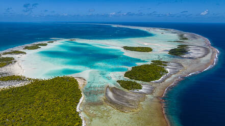 Aerial of the Blue Lagoon, Rangiroa atoll, Tuamotus, French Polynesia, South Pacific, Pacific - RHPLF24749