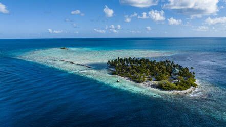 Aerial of the little island at the Avatoru Pass, Rangiroa atoll, Tuamotus, French Polynesia, South Pacific, Pacific - RHPLF24753