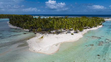 Aerial of little island with white sand beach, the Ile aux Recifs, Rangiroa atoll, Tuamotus, French Polynesia, South Pacific, Pacific - RHPLF24760