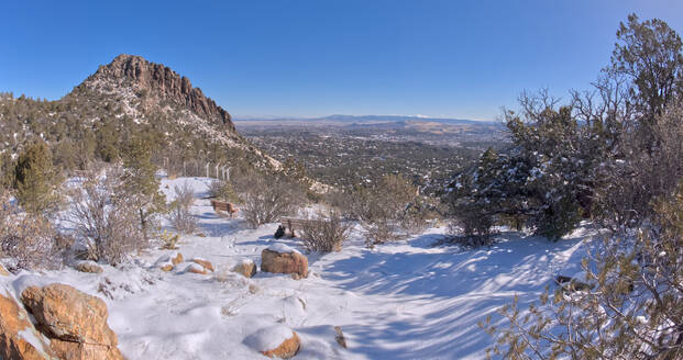 View from Picnic Hill along the Thumb Butte day use hiking trail covered in winter snow and ice, Prescott National Forest, west of Prescott, Arizona, United States of America, North America - RHPLF24837