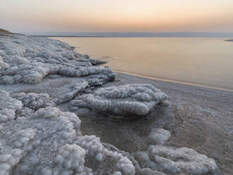 Shore with salt crystalized formation at dusk, The Dead Sea, Jordan, Middle East - RHPLF24843