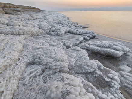 Shore with salt crystalized formation at dusk, The Dead Sea, Jordan, Middle East - RHPLF24844