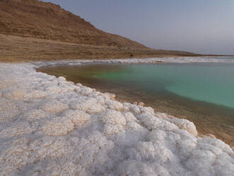 Shore with salt crystalized formation and turquoise water, The Dead Sea, Jordan, Middle East - RHPLF24845