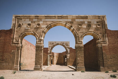 Arches in the facade of the desert castle Qasr al-Mushatta, Jordan, Middle East - RHPLF24854