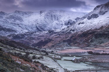 Frosty morning in the Nant Ffrancon valley backed by the Glyderau Mountains, Snowdonia National Park, Eryri, North Wales, United Kingdom, Europe - RHPLF24874