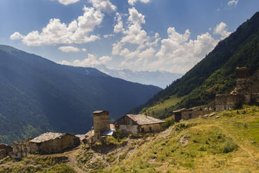 Settlement with medieval tower in Svaneti mountains near Mestia, Georgia, Central Asia, Asia - RHPLF24935